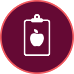 maroon icon with a clipboard outline with an apple in it
