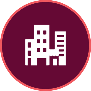 maroon icon with city buildings outlined in middle