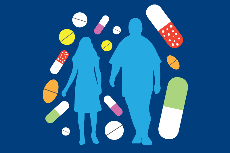 Graphic showing the silhouettes of a small woman and a larger man with different sized pills. This graphic relates to the topic of the 2018 Faculty Distinguished Lecture 