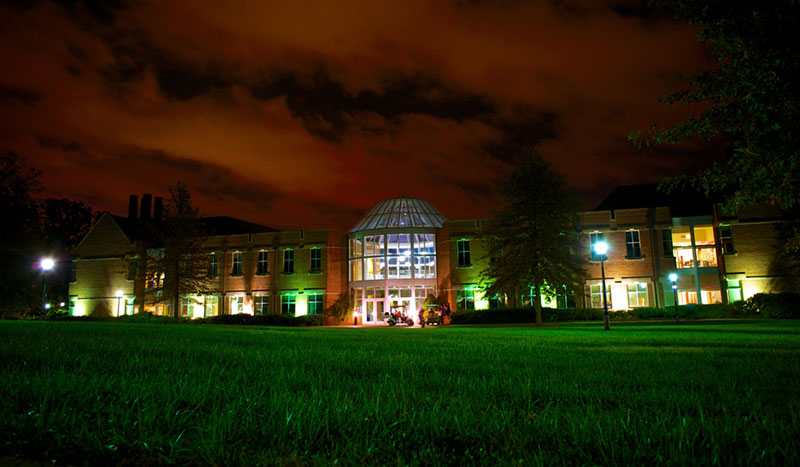 Science and Math Building at night