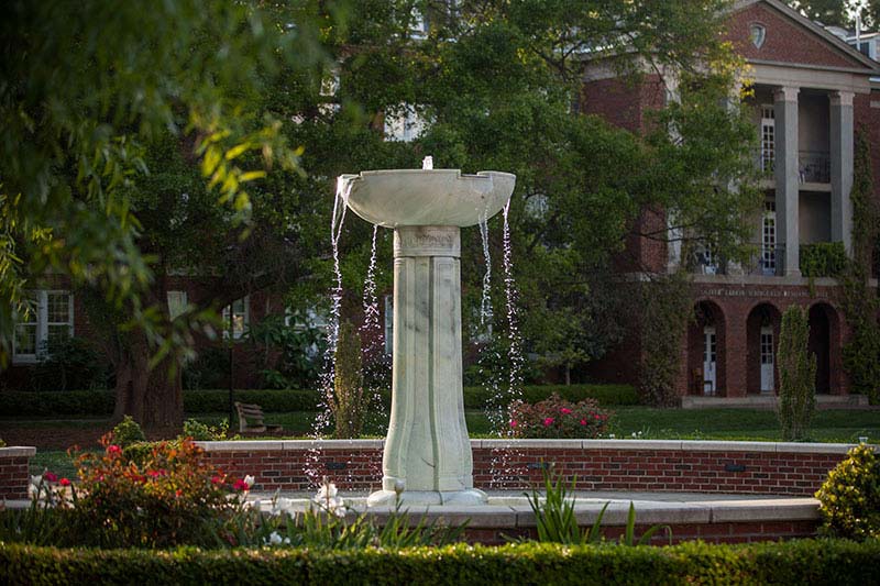 The Meredith College fountain in the courtyard
