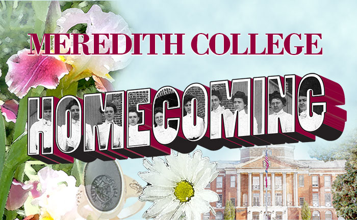 Meredith Homecoming Graphic with drawings of Johnson Hall, the onyx and daisies