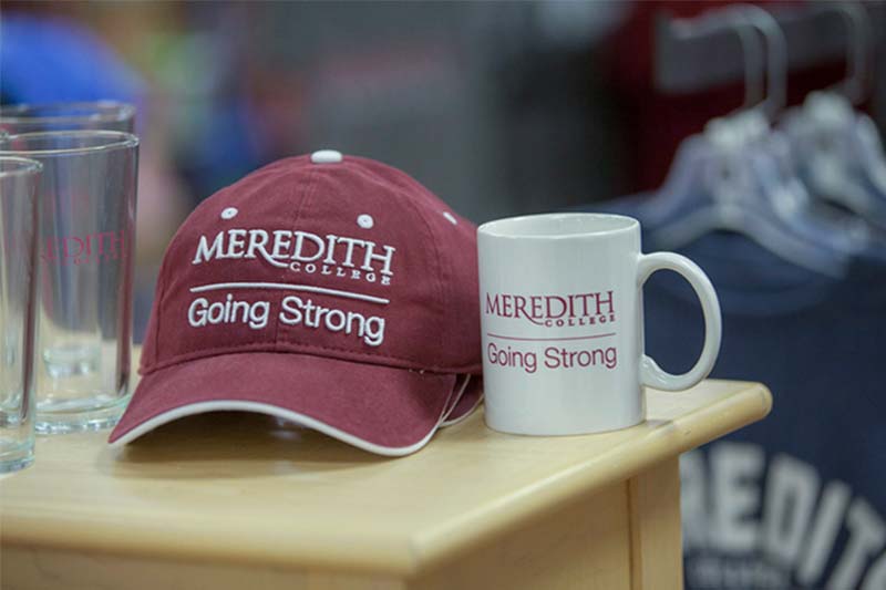 Meredith College branded hat and mug