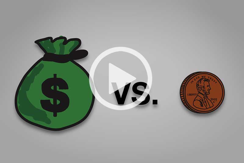 click on image of money bag and penny to watch video in modal about $1 Million vs. 1¢ 