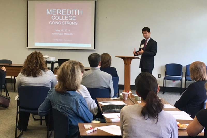 Image of Christopher Chung, CEO of EDPNC, speaking at the Morning at Meredith Career Planning Event on May 16, 2018