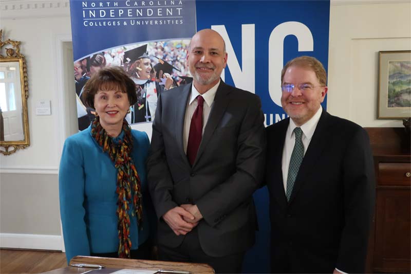 Meredith Provost Matthew Poslusny, N.C. Community College System President Peter Hans, and North Carolina Independent Colleges and Universities President Hope Williams signed the articulation agreement today at a ceremony held at William Peace University