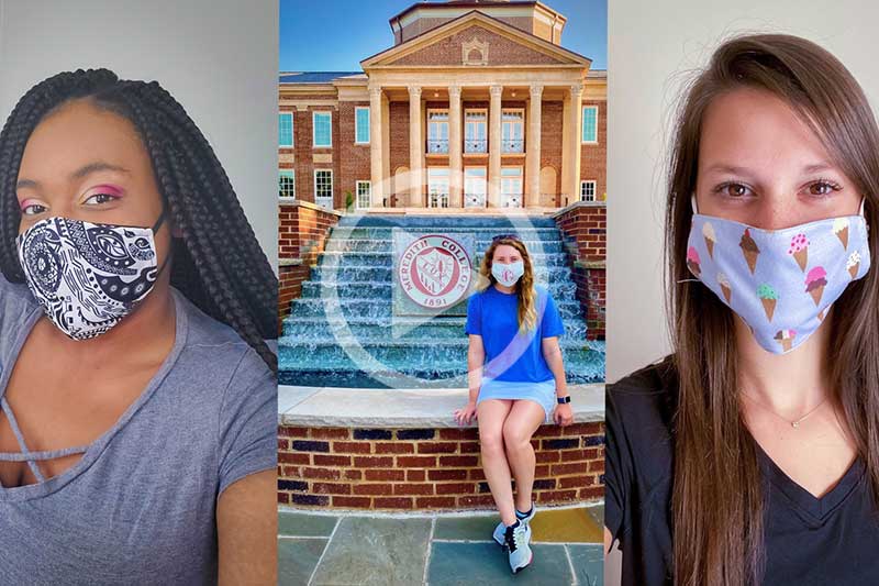 Click Image of Students wearing mask with Johnson Hall to watch video message of why to wear a mask