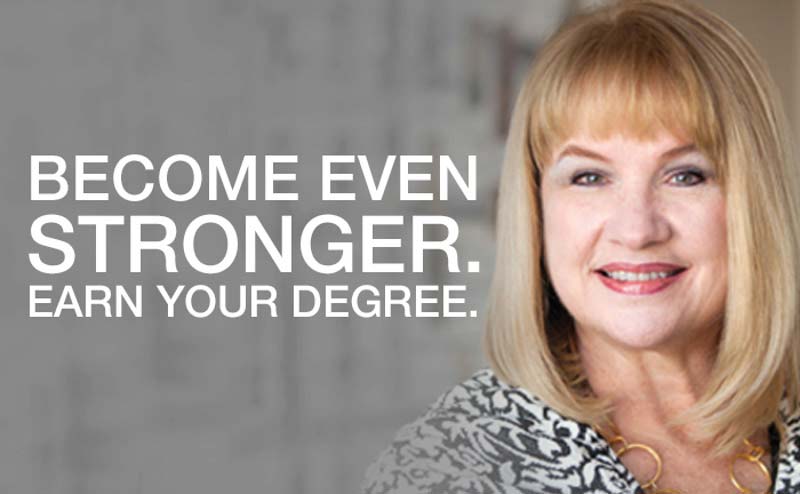Wings promo image with a woman's photo and the words Become Even Stronger. Earn Your Degree