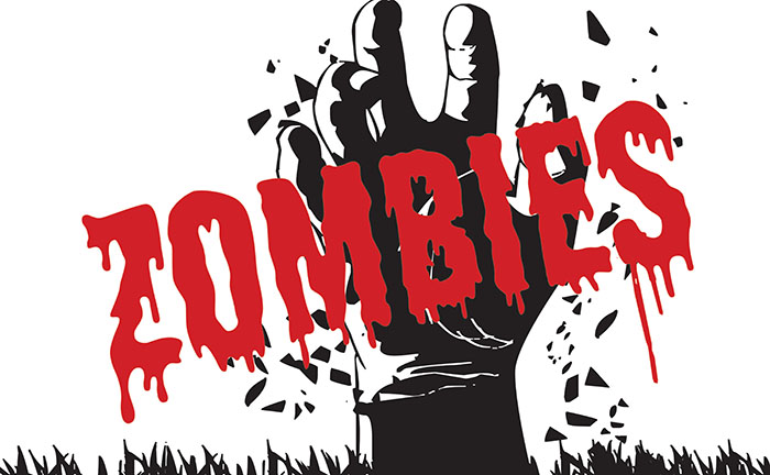a drawing of a black hand raising from the ground. the word zombie is on top of the hand is big red letters