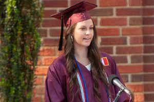 Class President Lindsey Lewis speaking at the 2021 Commencement ceremony