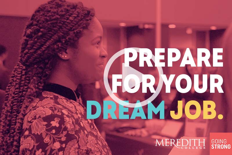 Young woman smiling at something off camera with the text "Prepare for your dream job" overlayed.