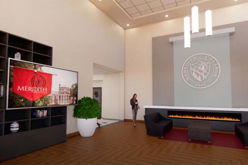 A digital rendering of a potential new construction space on campus with the meredith insignia on a galss wall and a tv and desk.