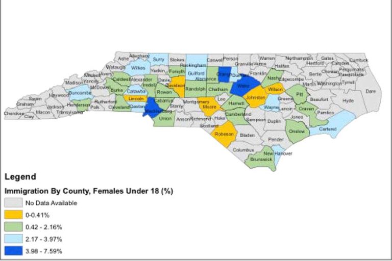A map of north carolina counties showing higher vs lower rates of immigration.
