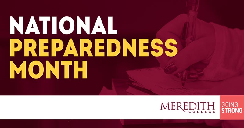 A maroon banner with a hand holding a pen and text that says "National Preparedness Month".