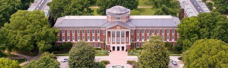 A birds eye view of Johnson Hall and the front of Meredith.