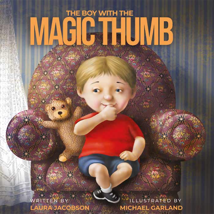 A book cover for The Boy with the Magic Thumb with a young boy sitting on a chair sucking his thumb with his teddy bear next to him.