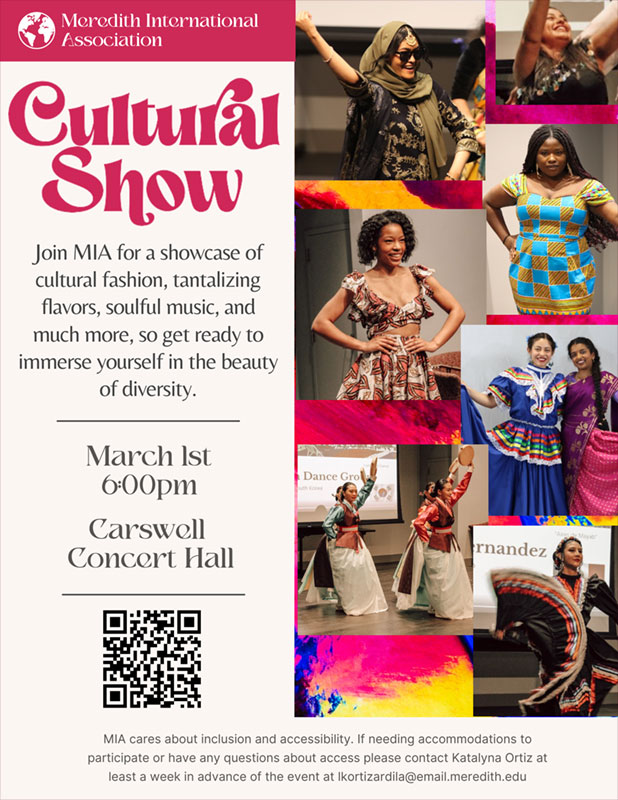 MIA Flyer containing a mosaic of women wearing cultural attire with Words Cultural Show March 1 at 6pm in Carswell Concert Hall.
