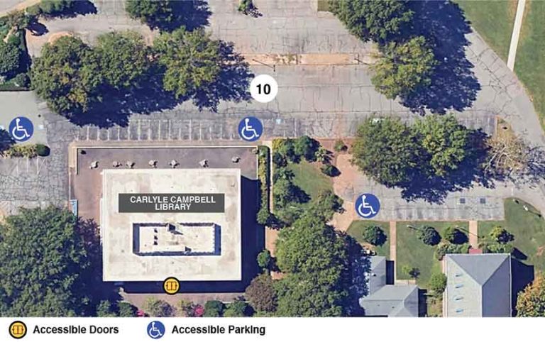 Google earth view of the Carlyle Campbell library with icons showing accessible doors and accessible parking.