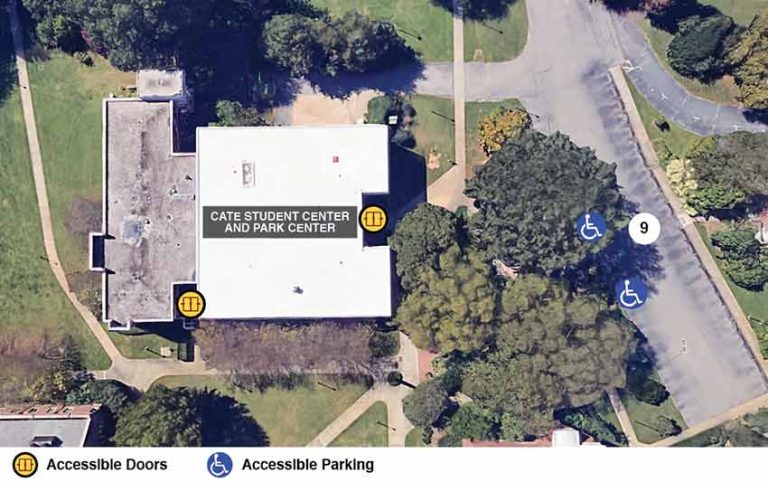 Google earth view of the cate student center and park center with icons showing accessible doors and accessible parking.
