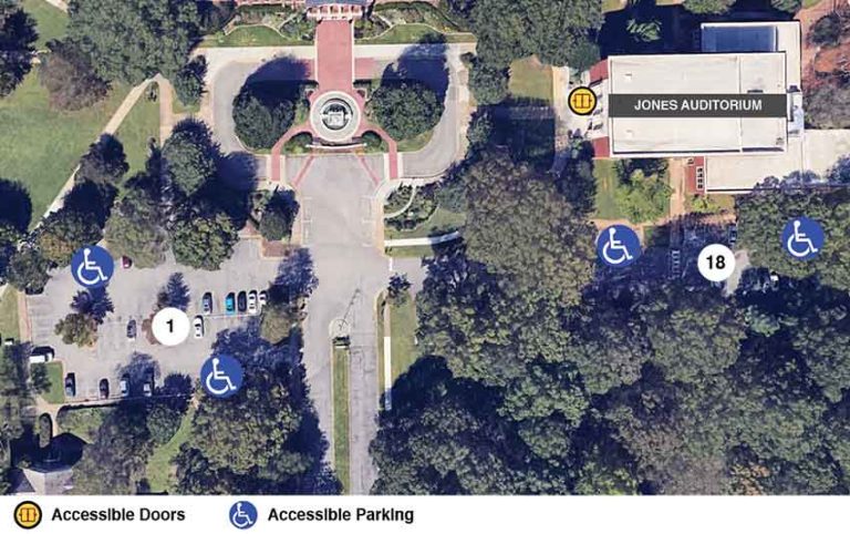 Google earth view of Jones Auditorium with icons showing accessible doors and accessible parking.
