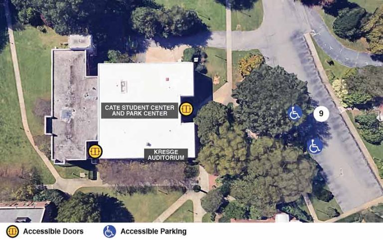 Google earth view of the Cate student center and park center with icons showing accessible doors and accessible parking.