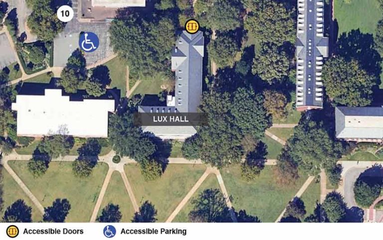 Google earth view of Lux Hall with icons showing accessible doors and accessible parking.