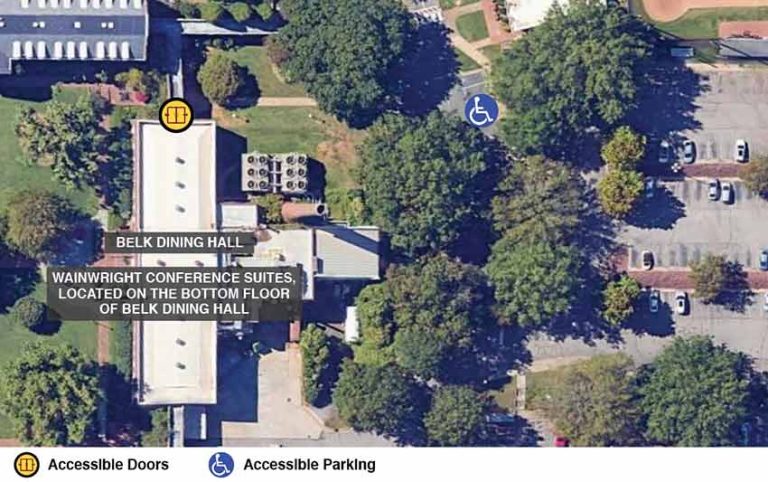 Google earth view of Belk Dining Hall with icons showing accessible doors and accessible parking.