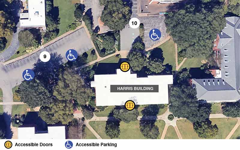 Google earth view of the Harris building with icons showing accessible doors and accessible parking.