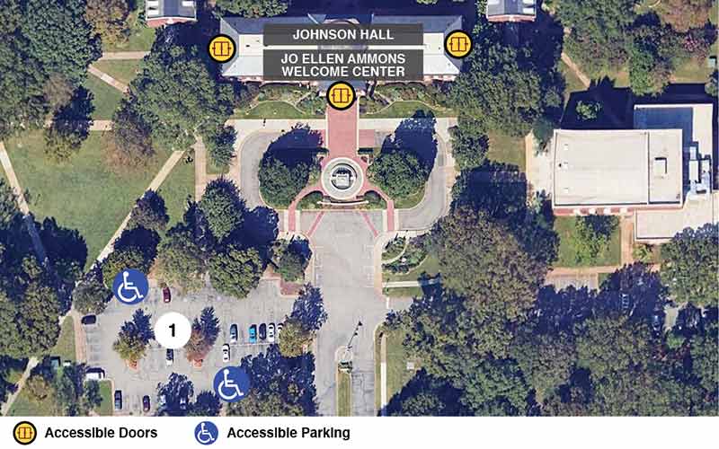 Google earth view of Johnson Hall and the Jo Ellen Ammons Welcome Center with icons showing accessible doors and accessible parking.