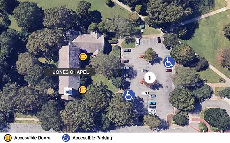 Google earth view of Jones chapel with icons showing accessible doors and accessible parking.