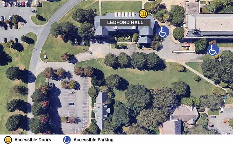Google earth view of Ledford Hall with icons showing accessible doors and accessible parking.