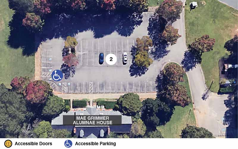 Google earth view of the Mae Grimmer Alumnae House with icons showing accessible doors and accessible parking.