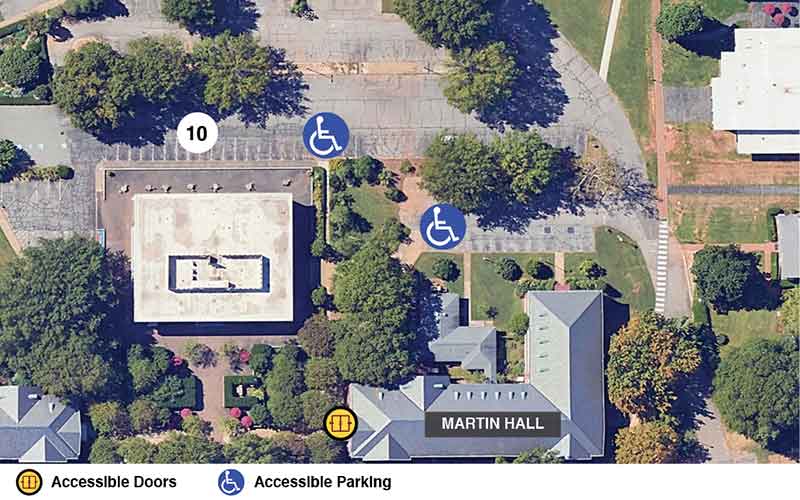 Martin Hall google earth view showing accessible entryways and accessible parking nearby.