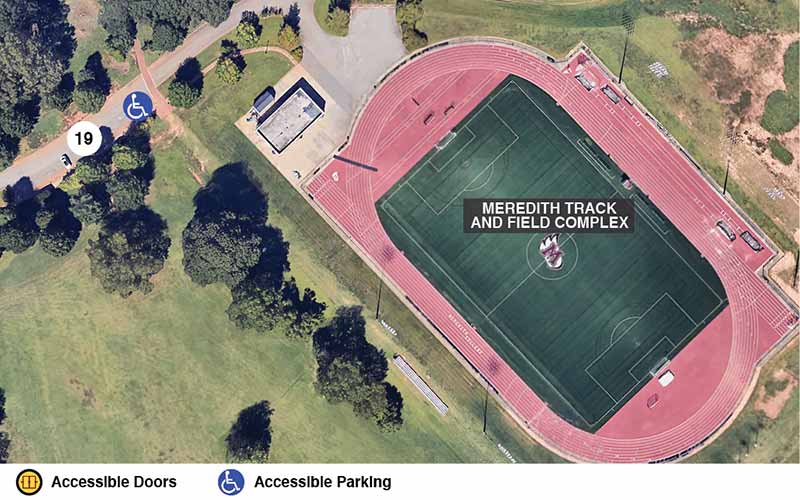 Google earth view of the Meredith track and field complex with icons showing accessible doors and accessible parking.