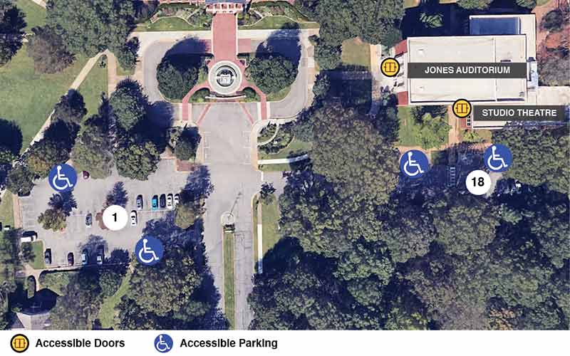 Google earth view of Jones Auditorium and Studio Theatre with icons showing accessible doors and accessible parking.