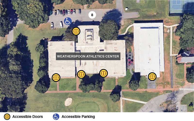Google earth view of weatherspoon athletics center with icons showing accessible doors and accessible parking.