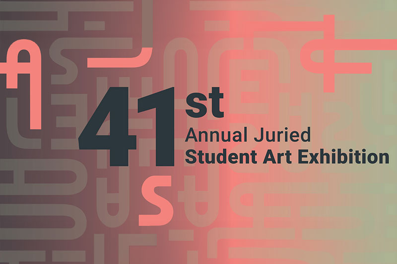 Program Poster for 41st Annual Juried Student Art Exhibition using black, grey with orange background and black letters.