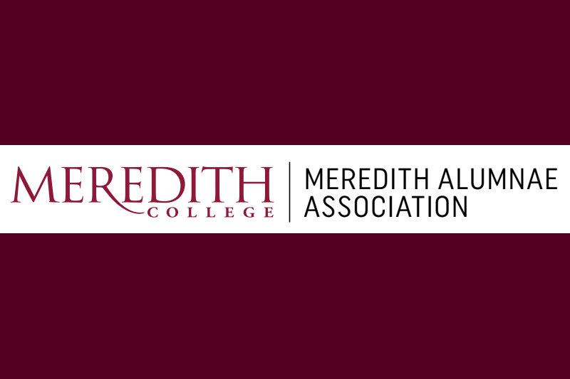 Alumnae Association Logo and Meredith Wordmark on Maroon Background.